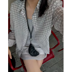 批发<b class='q'>韩版</b>宽松慵懒风防晒衬衫女夏薄款复古格子长袖衬衣外套小个子上衣