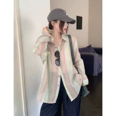 批发韩系慵懒风亚麻彩色条纹衬衫女春夏薄款外搭防晒衬衣<b class='q'>开衫</b>罩衫外套