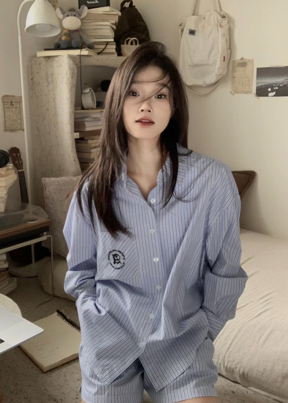 港风chic蓝色条纹长袖防晒衬衫女春夏宽松高级感气质休闲百搭衬衣