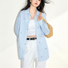 批发蓝白条纹蝴蝶结印花<b class='q'>衬衫</b>女春季2025<b class='q'>韩版</b>宽松慵懒休闲长袖<b class='q'>衬衣</b>