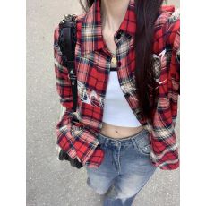 批发美式复古红色刺绣格子衬衫女潮牌长袖上衣hiphop高街秋季衬衣外套
