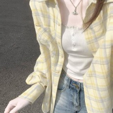 批发原版面料美式格子<b class='q'>衬衫</b>女外套春季宽松长袖翻领黄色外搭<b class='q'>衬衣</b>上衣