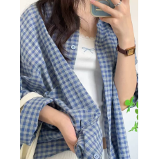 批发韩版宽松慵懒风防晒<b class='q'>衬衫</b><b class='q'>女</b>夏薄款复古格子长袖<b class='q'>衬衣</b>外套小个子上衣