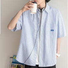批发法式复古短袖条纹<b class='q'>衬衫</b>女夏季设计感小众宽松百搭Polo领超好看上衣