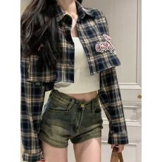 批发原版面料法式甜辣复古格子<b class='q'>衬衣</b>女夏季薄款宽松刺绣设计感防晒百搭