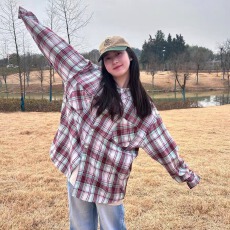 批发辣妹复古磨毛格纹长袖<b class='q'>衬衫</b>女春秋纯欲慵懒风宽松休闲格子<b class='q'>衬衣</b>上衣
