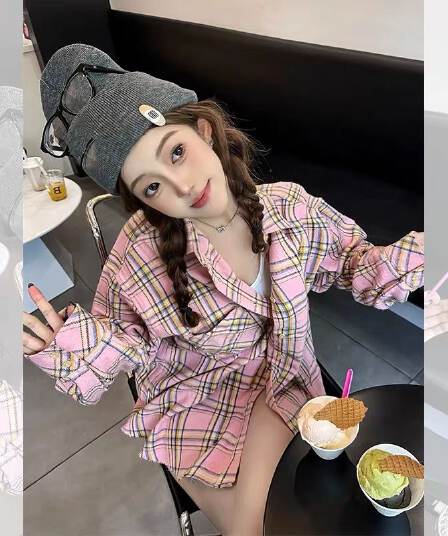 센 부서 달콤함 핑크색 체크무늬 여성 셔츠 이른 가을 중 두꺼움 루즈핏 캐주얼 슬림해 보이는 중간 길이 셔츠 외출용 오픈 가디건
