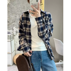 批发磨毛藏青色格子韩系外套长袖衬衣新款复古衬衫慵懒宽松上衣休闲
