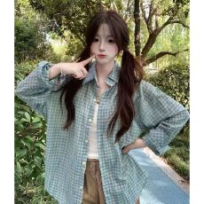 批发原版面料蓝色格子<b class='q'>衬衫</b>上衣女2026新款夏季薄款慵懒风<b class='q'>休闲</b>宽松