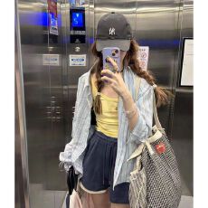 批发蓝色条纹polo领长袖<b class='q'>衬衫</b>女装夏季薄款宽松防晒<b class='q'>衬衣</b>中长款上衣