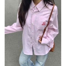 批发美式复古粉色条纹衬衫女2026新款小狗刺绣早秋外套宽松学院风上衣
