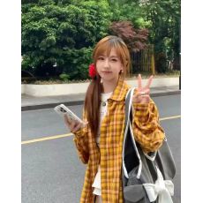 批发港味复古chic黄色格子<b class='q'>衬衫</b>女内搭叠穿宽松休闲百搭中长款<b class='q'>衬衣</b>外穿