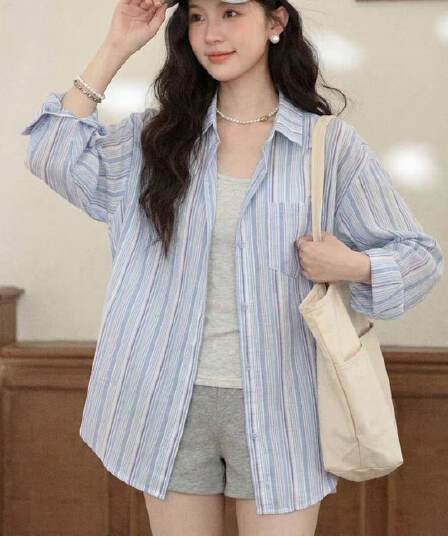 핑크색 스트라이프 POLO 칼라 긴팔 셔츠 여성 의류 여름 얇은 스타일 루즈핏 자외선 차단 셔츠 중간 길이 맨위