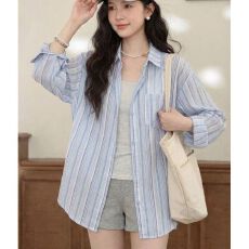 批发粉色<b class='q'>条纹</b>polo领长袖衬衫女装夏季薄款宽松防晒衬衣中长款上衣