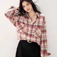 辣妹复古磨毛格纹长袖衬衫女春秋纯欲慵懒风宽松休闲格子衬衣上衣