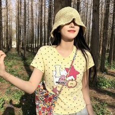 批发不退换多巴胺波点v领短袖t恤女夏修身收腰正肩短款小上衣