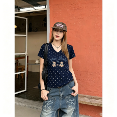 批发不退换多巴胺波点v领短袖t恤女夏修身收腰正肩短款小上衣