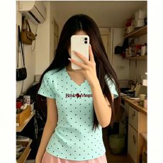 批发不退换多巴胺波点v领短袖t恤女夏修身收腰正肩短款小上衣