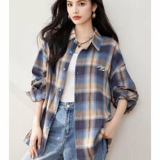 批发2026初秋美式慵懒风格子衬衫外套女秋冬季衬衣小个子长袖上衣