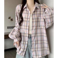 批发韩系chic纯棉格子衬衫女叠穿春秋款遮肉显瘦长袖衬衣外搭上衣ins