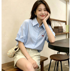 批发纯棉面料蝴蝶结刺绣<b class='q'>衬衣</b>Polo领短袖开衫外套女夏季纯色<b class='q'>衬衫</b>上衣