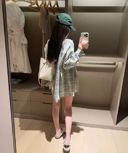 작은 청신 녹색 체크무늬 긴팔 셔츠 재킷 여름 얇은 스타일 패션 캐주얼 다용도 오픈 가디건 외출용 셔츠 여성