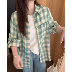 批发法式绿色格子<b class='q'>衬衫</b>外套女夏季2026新款防晒衫小众别致<b class='q'>衬衣</b>宽松上衣