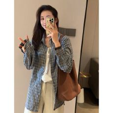 批发小众韩系<b class='q'>格子衬衫</b>女早秋新款百搭宽松慵懒风上衣外搭格纹衬衣外套