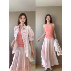 批发国潮牌粉色格子POLO领防晒衬衫女春夏开衫设计感修身显瘦百搭衬衣