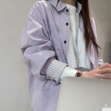 批发纯棉港味紫色<b class='q'>衬衫</b>女春秋季2026宽松拼接条纹长袖<b class='q'>衬衣</b>设计感上衣