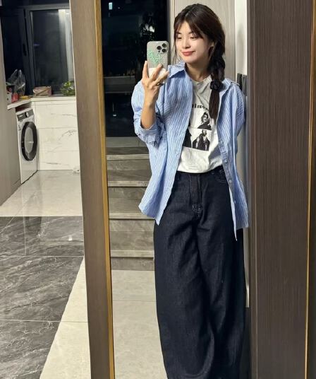 항구 바람 chic 파란색 스트라이프 긴팔 자외선 차단 여성 셔츠 봄 여름 루즈핏 고급 센스 품격 캐주얼 다용도 셔츠