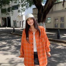 批发美式复古格纹设计感防晒长袖<b class='q'>衬衫</b>夏季新款气质修身显瘦宽松上衣女
