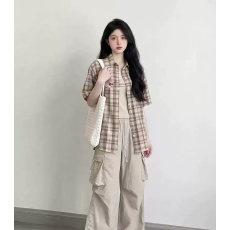 批发美式趣味小狗毛巾绣格子短袖<b class='q'>衬衫</b>女夏季宽松休闲<b class='q'>衬衣</b>独特上衣