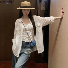 批发老钱风松弛感仿亚麻白色衬衫上衣女法式极简天丝微透轻薄防晒<b class='q'>外套</b>