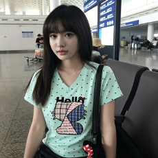 批发不退换多巴胺波点v领短袖t恤女夏修身收腰正肩短款小上衣