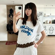 批发不退换韩系波点斜肩短袖<b class='q'>t</b><b class='q'>恤</b>女夏季<b class='q'>宽松</b>慵懒风小众露肩上衣潮