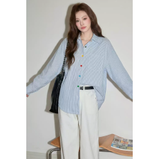 批发韩系彩色纽扣条纹衬衫女春秋设计感洋气小众开春爆款长袖衬衣外套