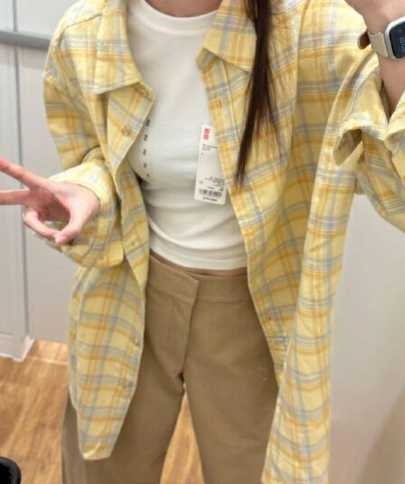 원본 원단 아메리칸 체크무늬 여성 셔츠 재킷 봄 루즈핏 긴팔 폴로 칼라 황색 외부 가져 가라. 셔츠 맨위