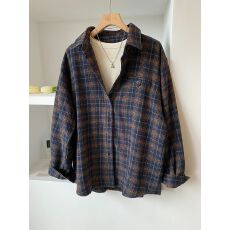 批发棕色加厚磨毛格子衬衫女秋<b class='q'>冬</b>季新款宽松休闲百搭长袖衬衣外套