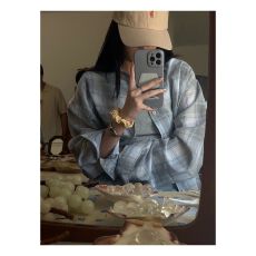 批发韩系chic纯棉格子衬衫女叠穿春<b class='q'>秋</b>款遮肉显瘦长袖衬衣外搭上衣ins