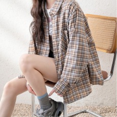 批发原版面料复古格子衬衫女<b class='q'>夏季</b>设计感小众宽松休闲长袖防晒上衣外套