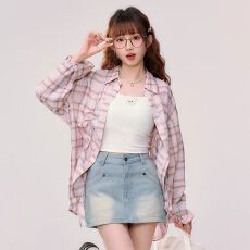 批发韩系chic纯棉格子衬衫女叠穿春秋款遮肉显瘦长袖衬衣外搭上衣ins