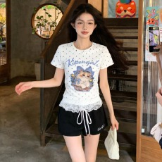 批发不退换美式字母波点短袖<b class='q'>T</b><b class='q'>恤</b>女修身显瘦夏季甜美短款圆领上衣