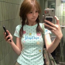 批发不退换美式字母波点短袖<b class='q'>T</b><b class='q'>恤</b>女修身显瘦夏季甜美短款圆领上衣
