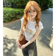 批发不退换美式字母波点短袖<b class='q'>T</b><b class='q'>恤</b>女修身显瘦夏季甜美短款圆领上衣