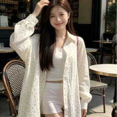 批发韩系穿搭白色波点防晒<b class='q'>衬衫</b>女夏季设计感开叉<b class='q'>衬衣</b>松弛慵懒外套上衣