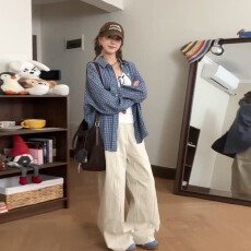 批发韩版宽松慵懒风防晒衬衫女夏薄款复古格子<b class='q'>长袖</b>衬衣外套小个子上衣