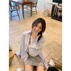 批发蓝色条纹polo领长袖衬衫女装<b class='q'>夏季</b>薄款宽松防晒衬衣中长款上衣
