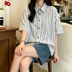 批发原版面料条纹短袖衬衫女新款夏<b class='q'>韩</b>版学院<b class='q'>风</b>气质复古百搭宽松通勤潮