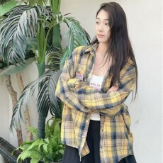 批发原版面料多巴胺纯棉黄黑色格子<b class='q'>衬衫</b>女宽松慵懒风<b class='q'>衬衣</b>防晒衫外穿